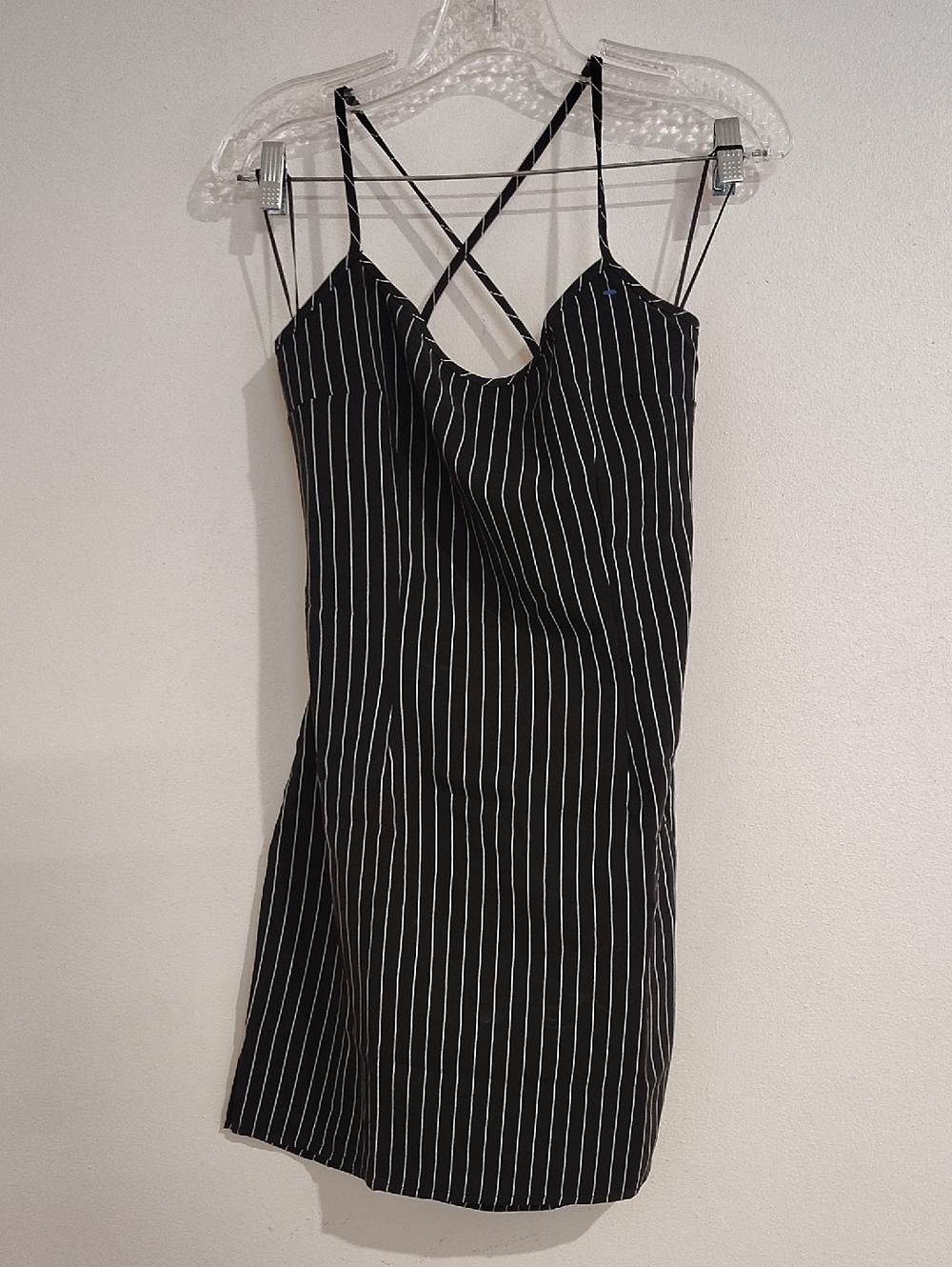 H&M Black and White Pinstripe Mini Slip Dress with Crisscross Straps
